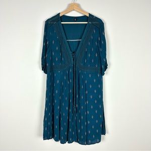 Torrid Mini Gauze Lace-Up Skater Dress Teal Short Sleeve